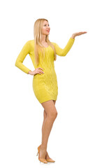 Pretty girl in yellow dress isolated on white