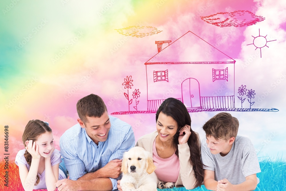 Poster composite image of family looking at puppy while lying