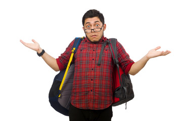 Young man with bags isolated on white