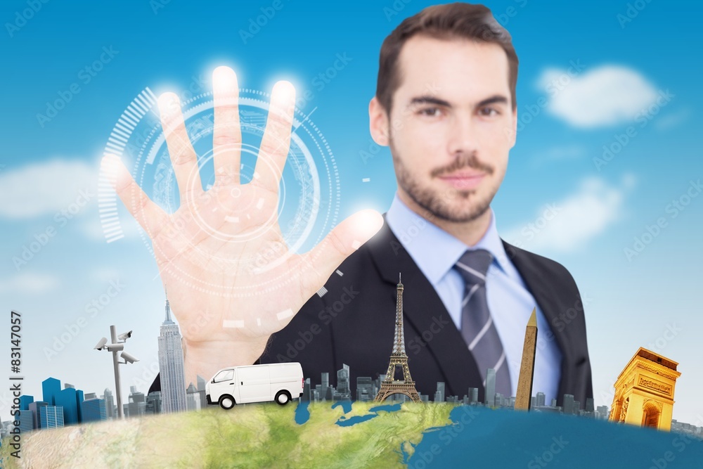 Poster composite image of smiling businessman with fingers spread out