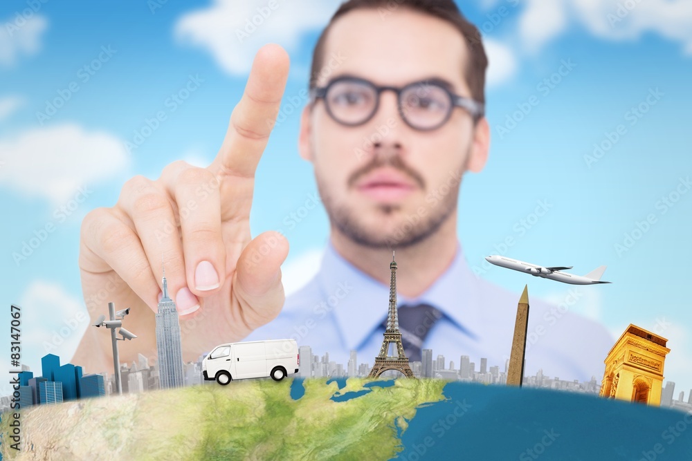Poster composite image of businessman with glasses pointing something