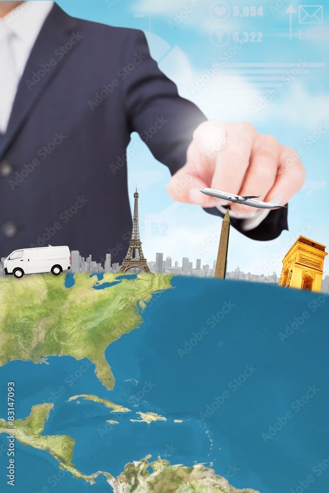 Poster Composite image of smiling businessman in suit pointing 
