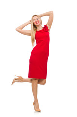 Blond woman in scarlet dress isolated on white