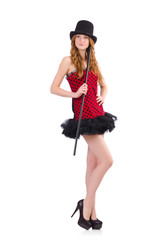 Girl in red polka-dot dress isolated on white