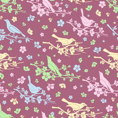 Flowers and birds seamless background