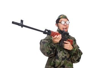 Military man with a gun isolated on white