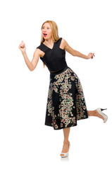 Fototapeta premium Woman in floral dark skirt isolated on white