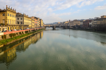 Arno river Florence at sunset, Italy.