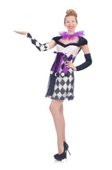 A girl in harlequin costume isolated on white