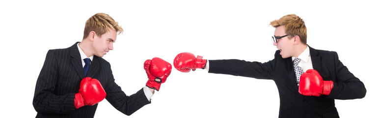 Two businessmen boxing isolated on the white