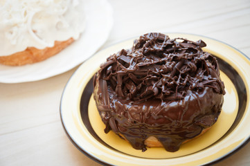 Half-donut and half-croissant pastries, chocolate, white chocola
