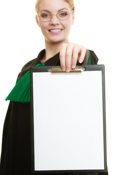  woman lawyer holding empty blank clipboard