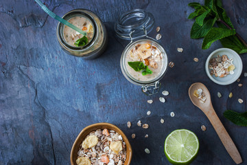 Fruit smoothie with mint and muesli