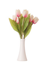 Vase with colourful tulips on white
