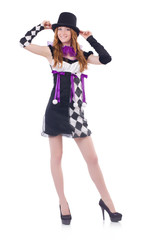 A girl in harlequin costume isolated on white