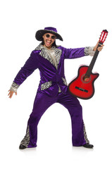 Obraz premium Man in funny clothing holding guitar isolated on white