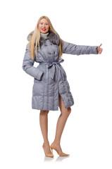 Beautiful woman in gray jacket isolated on white