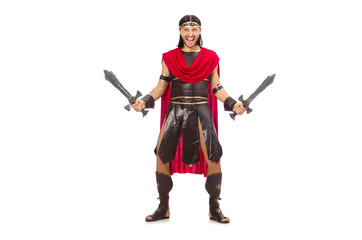 Gladiator posing with sword isolated on white