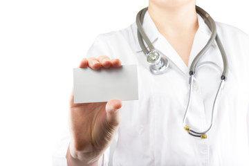 Female doctor's hand holding blank business card isolated on whi