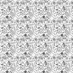 Hand drawn doodle seamless pattern. Sweets and treats.