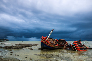 Shipwreck - Fishing boat with sunset sky