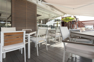 Modern riverside cafe terrace