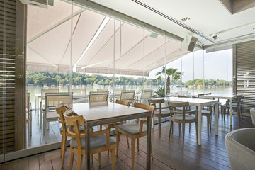 Interior of an elegant riverside cafe