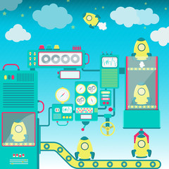 Creative and colorful factory rockets with launch pad