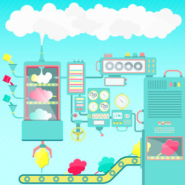 Creative and imaginative cotton candy factory made of clouds.