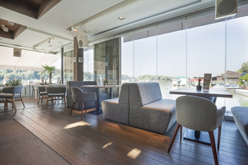 Interior of an elegant riverside cafe