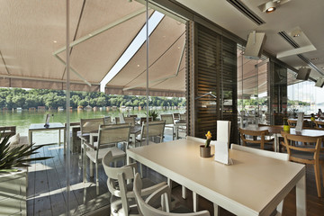 Interior of an elegant riverside cafe