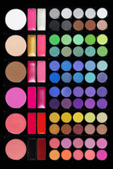 Makeup cosmetic, eyeshadows, powder, ruddy in black palette, 