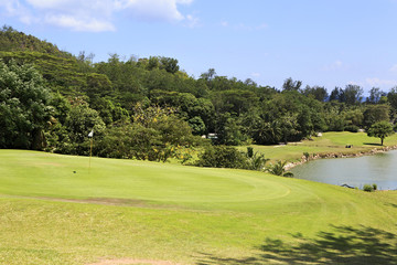 Lake on golf course at the Constance Lemuria Resort.
