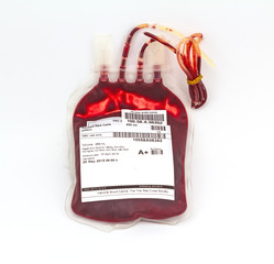 Close up bag of blood and plasma  group A and rubber tube isolat