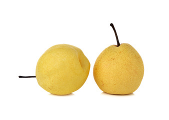 Chinese pear or Nashi pear with stem on white background