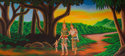 art painting on the public temple wall in thailand