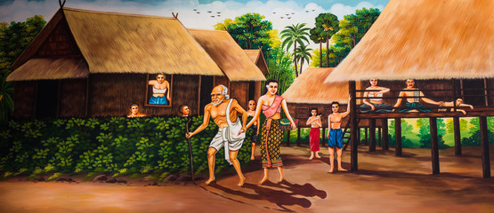 art painting on the public temple wall in thailand