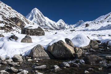 view of Pumori, Lingtren and Khumbutse