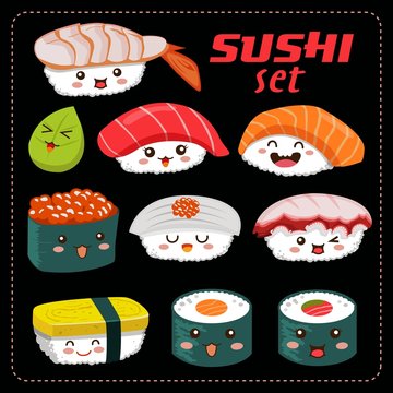Sushi vector set. Sushi cartoon character illustration