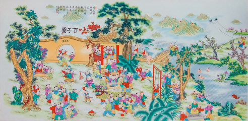 Fototapeta na wymiar Chinese style porcelain pastel painting