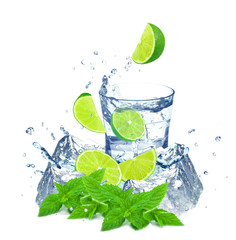 lime splash and ice isolated on a white background