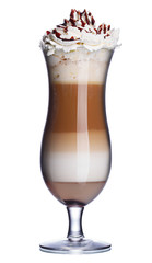 Glass of coffee cocktail with whipped cream and chocolate syrup