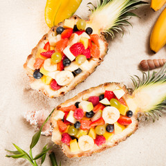 Fresh tropical fruit salad served outdoors