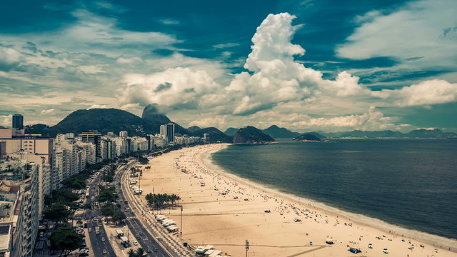 Copacabana Beach Time Lapse in Rio de Janeiro, Brazil. Clouds rolling dynamic with vintage colors.