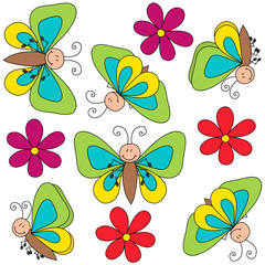 Fototapeta premium Flying butterflies with flowers on white background