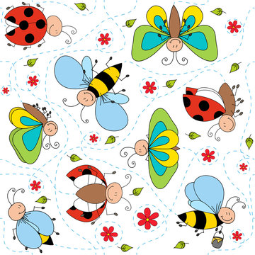 Bees, ladybugs and butterflies seamless pattern