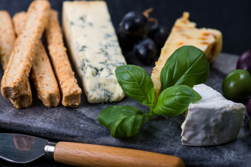 Tapas style cheese selection with olives,grapes and herbs
