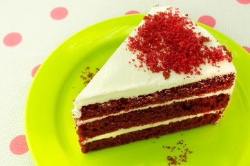 Red velvet cake on a green plate / Red velvet chocolate cake 