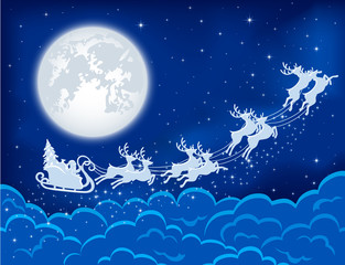 Fototapeta na wymiar Santa and deers in the sky
