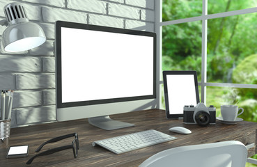 Fototapeta premium 3D illustration PC screen on table in office, Workspace